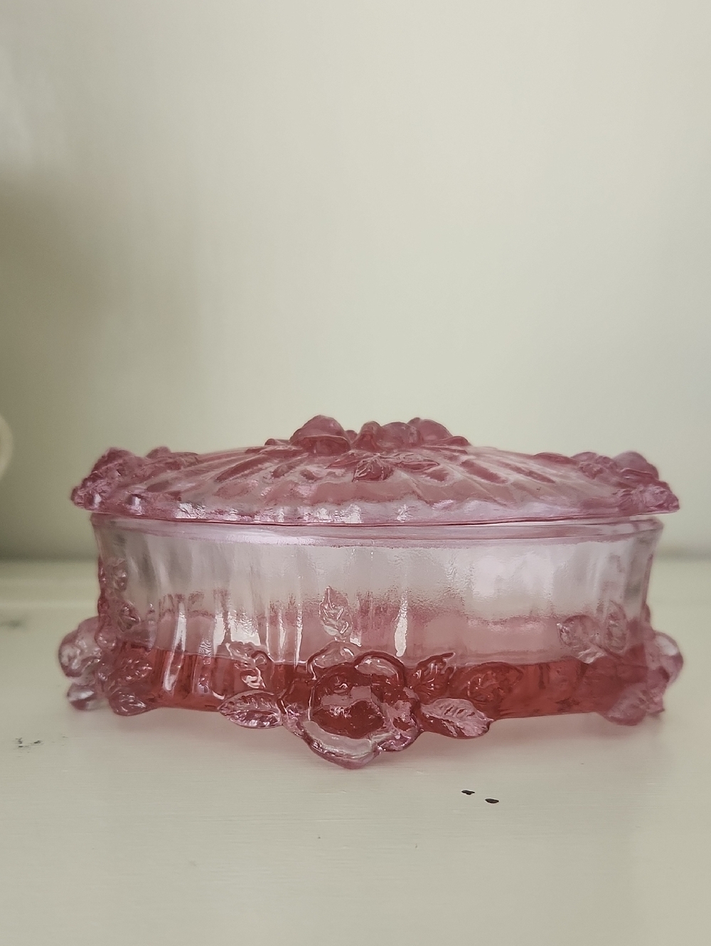 Fenton "Cabbage Rose" Glass Covered Oval Trinket Dish with Floral Relief